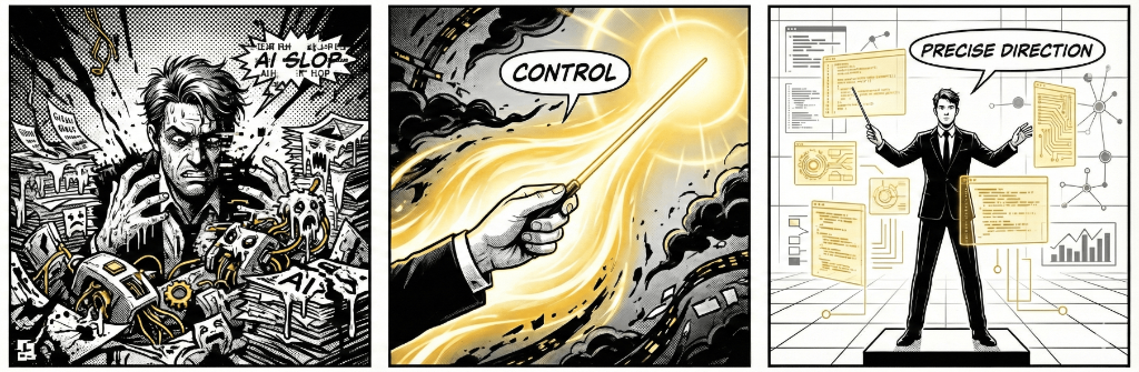 Three-panel comic showing transformation: from drowning in AI chaos, to gaining control, to precise orchestration